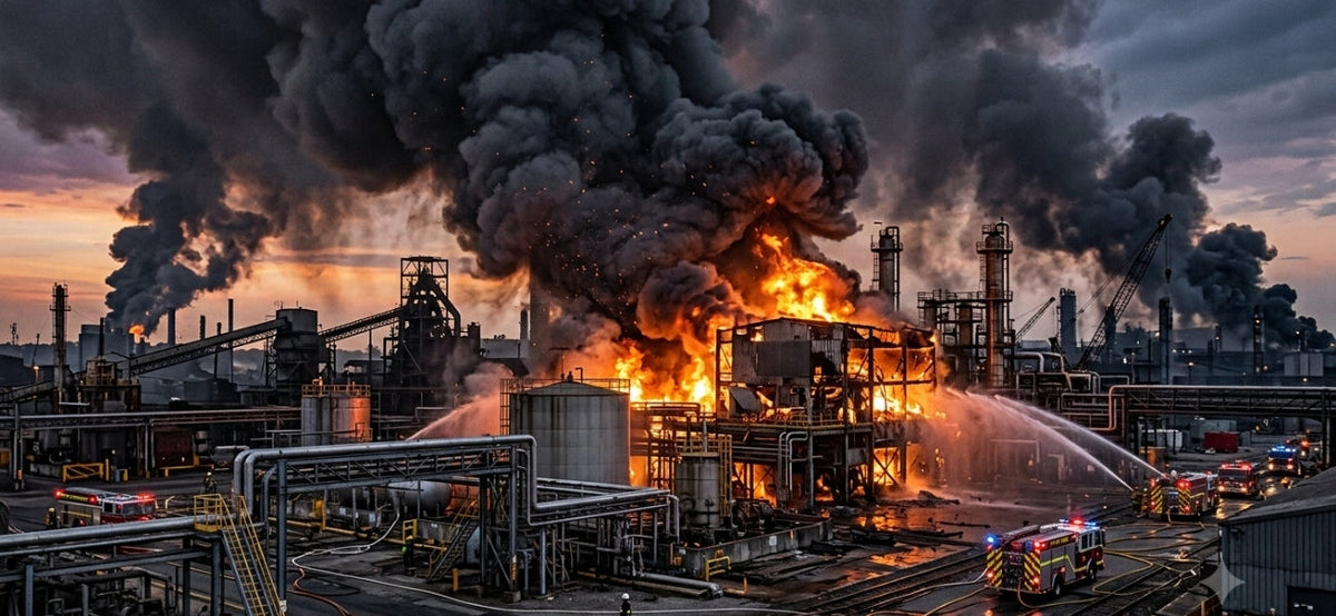 A dramatic industrial facility engulfed in flames with massive dark smoke billowing into a sunset sky, while fire trucks and water jets attack the blaze.