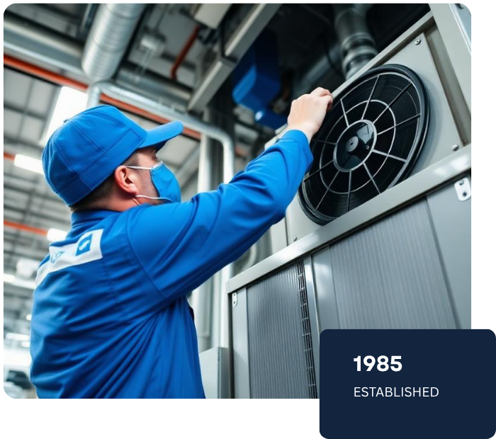 A worker in a blue uniform and cap adjusts a large industrial fan on a cooling unit inside a factory. A dark blue badge in the lower right corner reads '1985 ESTABLISHED'.